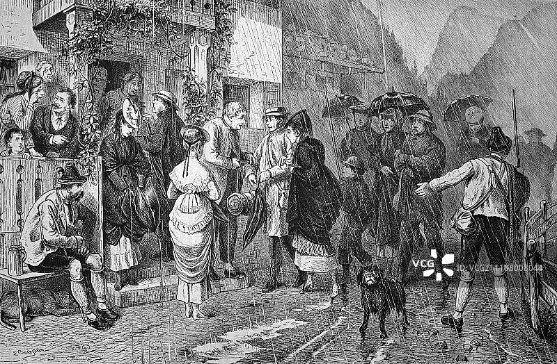 巴伐利亚阿尔卑斯山的雨天，德国巴伐利亚，1880年历史木刻版画图片素材