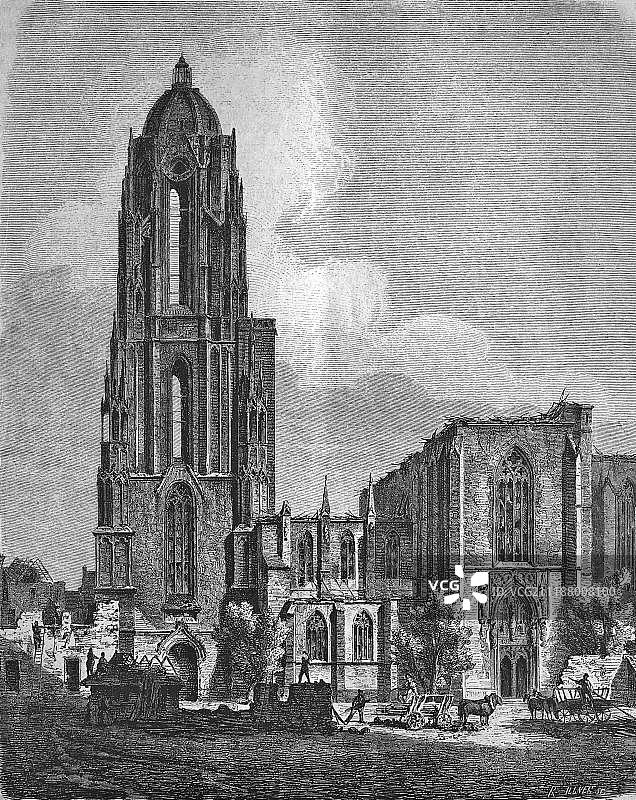 1869年大火后的法兰克福大教堂，德国黑森州美因河畔法兰克福，约1869年欧洲历史雕刻图片素材