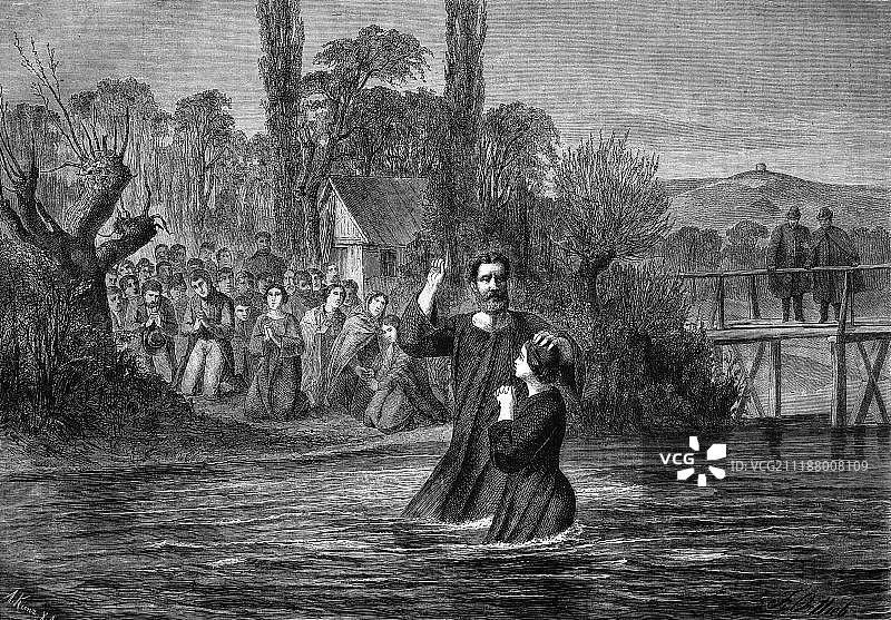 内卡河的洗礼，1869年历史雕刻图片素材