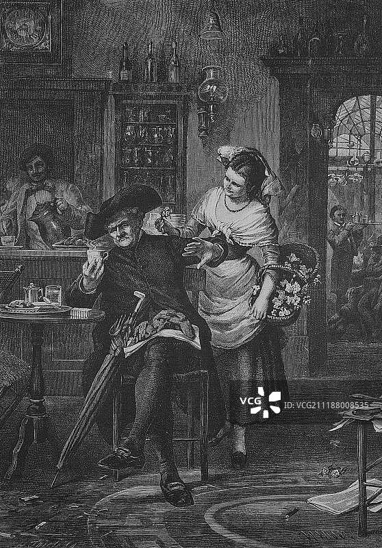 客栈里的卖花人，1883年历史版画图片素材