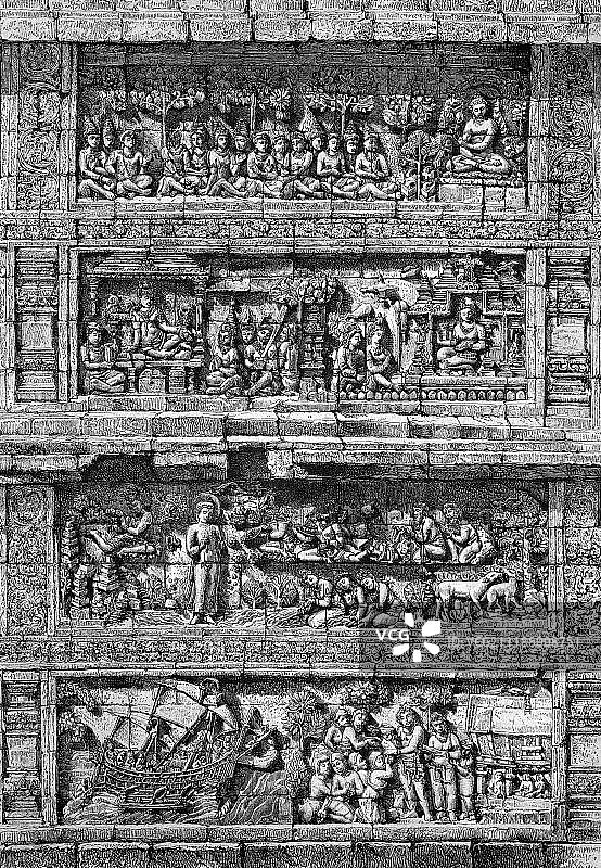 婆罗浮屠寺庙浮雕，东南亚最大的佛教寺庙之一，1883年历史版画图片素材