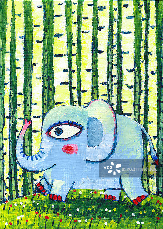 儿童插画丙烯画行走在时光森林的象图片素材