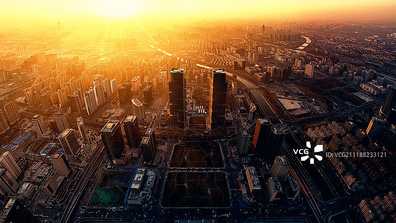 郑州高铁站金融区日落时分航拍图图片素材