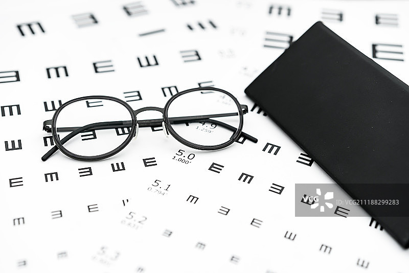 白背景下的眼镜和视力表图片素材