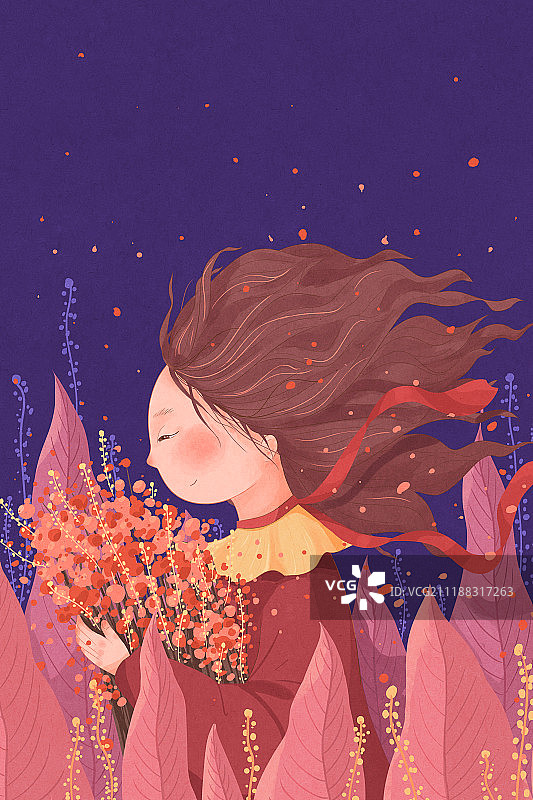 女生节插画手捧花束竖图片素材