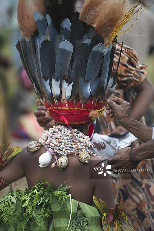 西部高地人头戴维多利亚冠鸽羽毛，在巴布亚新几内亚西高地省哈根山展出图片素材