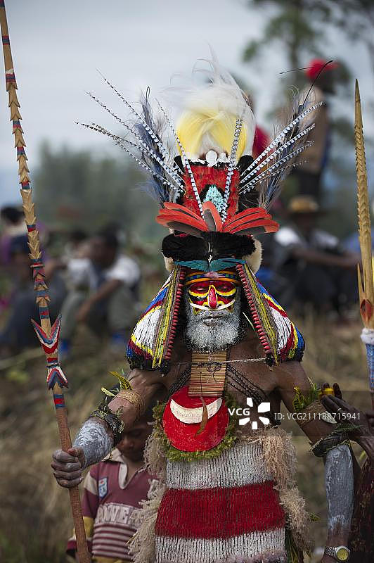 巴布亚新几内亚芒特哈根表演上的门迪族男子，头戴萨克森王羽毛头饰图片素材
