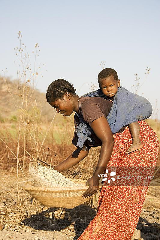 背着孩子的汤加妇女在卡里巴湖，赞比亚，非洲筛选谷物图片素材