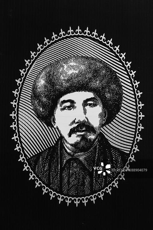 名人墙，阿布迪卡德尔·奥罗兹别科夫，吉尔吉斯共和国第一任总统，20世纪，鲁赫奥尔多文化中心，乔尔蓬阿塔，吉尔吉斯斯坦，亚洲图片素材