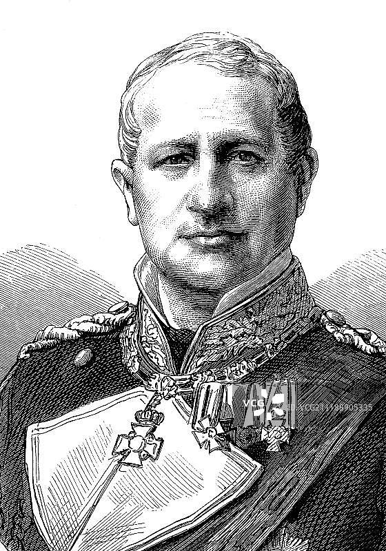 普鲁士的 Heinrich Wilhelm Adalbert 王子，曾任北德联邦舰队海军上将和总司令（木刻肖像）图片素材