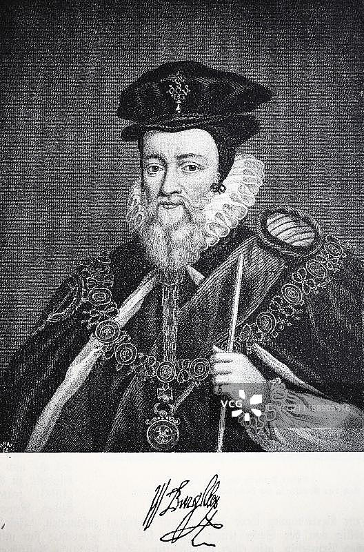 威廉·塞西尔，伯利第一男爵，1521年9月13日，1598年8月4日，政治家和主要政治家，木刻，英格兰图片素材