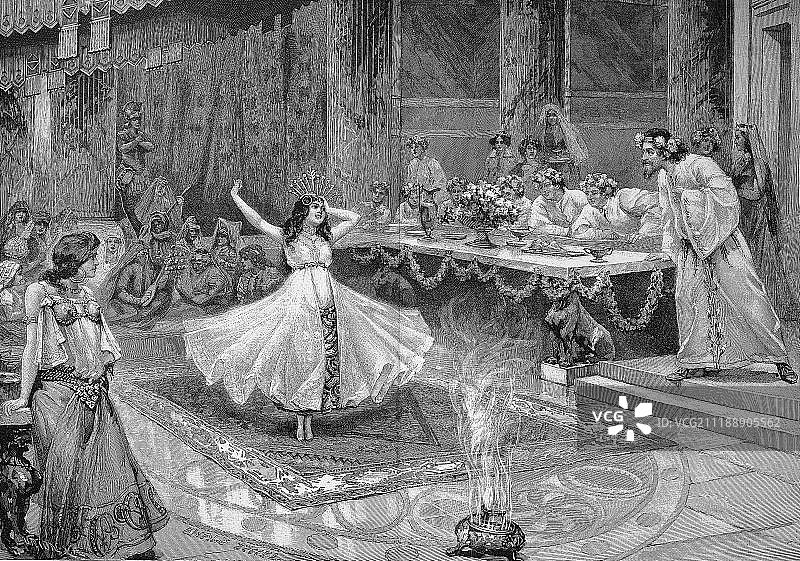 莎乐美在希律王面前跳舞，莎乐美一世，公元前65年，约公元10年，赫尔曼·苏德曼的悲剧约翰内斯中的场景，木刻，1888年，英格兰图片素材
