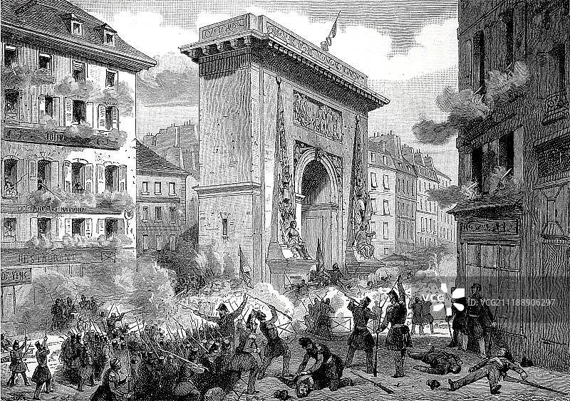 1848年巴黎六月革命期间圣丹尼斯门前的巷战，木刻版画，法国，欧洲图片素材