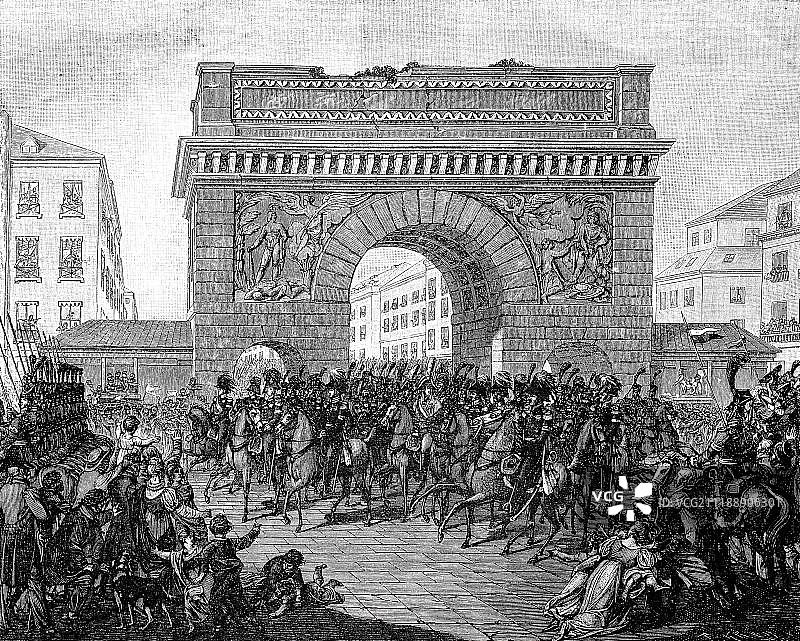 1814年3月31日盟军君主进入巴黎木刻版画图片素材