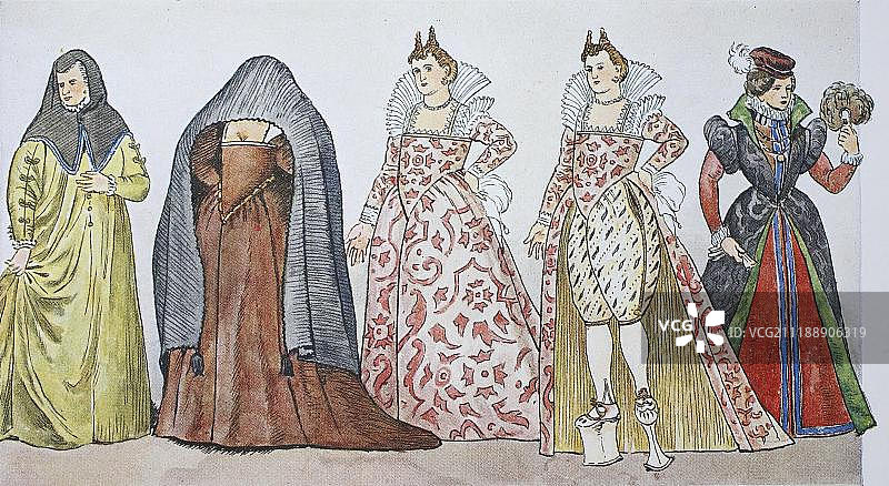 1590-1610年西班牙风格影响下的意大利服饰插画，欧洲图片素材