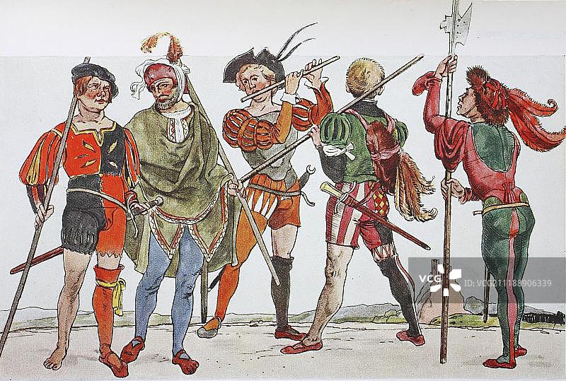 德国兰斯克内cht士兵1500-1540年左右的服装、时尚和制服，插图，德国，欧洲图片素材