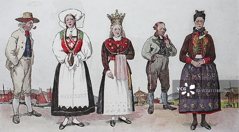 19世纪挪威西部穿着传统服装的人们插画图片素材