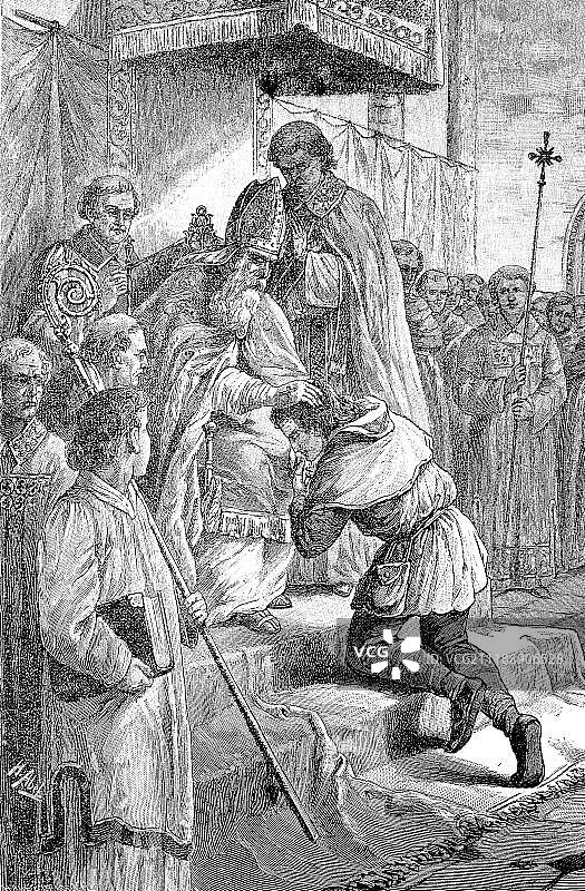 圣巴尔多姆被授予神圣测地术，里昂主教，圣瓦洛玛或巴尔多梅尔，1880年，德国木刻版画图片素材