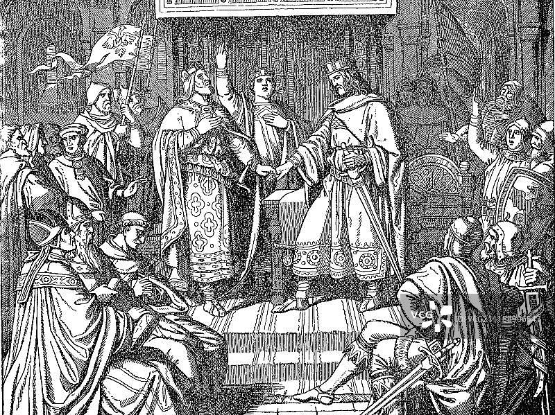 凡尔登条约，843年签署，将加洛林帝国分为三个王国图片素材