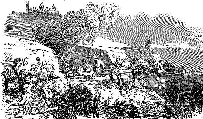 克里米亚战争：阿克布伦军事炮台被摧毁，白角，刻赤要塞，托特列本堡垒，1856年，木刻，俄罗斯，欧洲图片素材