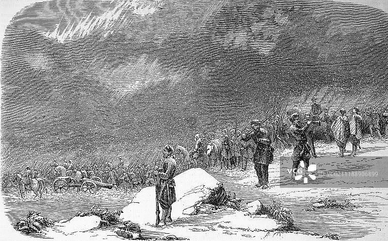 克里米亚战争，1855年，英国士兵在侦察后返回，在巴拉克拉瓦附近进行军事侦察，木刻，英国图片素材