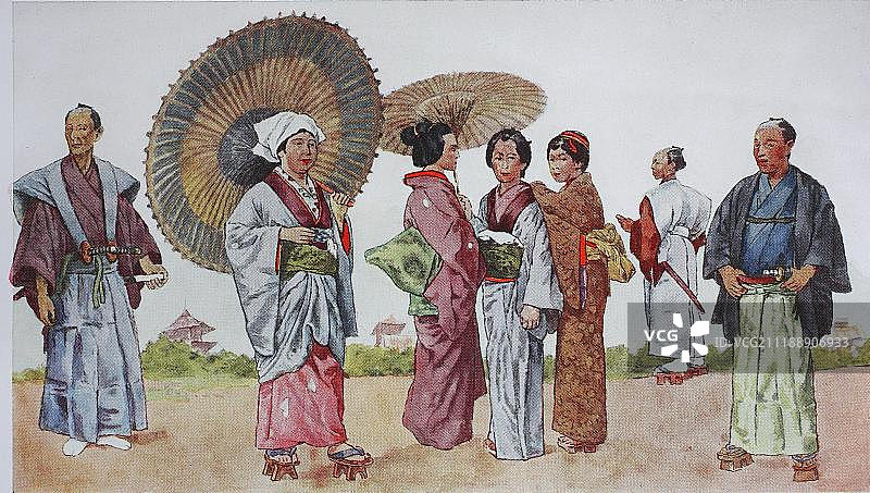 服装，日本历史服饰，军官和女士，插画，日本，亚洲图片素材