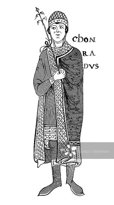 1880年罗马梵蒂冈图书馆亨利四世之子康拉德画像（木刻版画，意大利，欧洲）图片素材