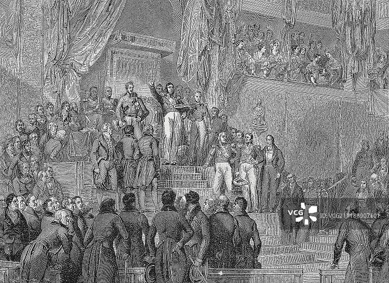 巴黎七月革命：路易·菲利普于1830年8月9日宣誓就职，凡尔赛国家美术馆的E. Deveria画作，法国，欧洲图片素材