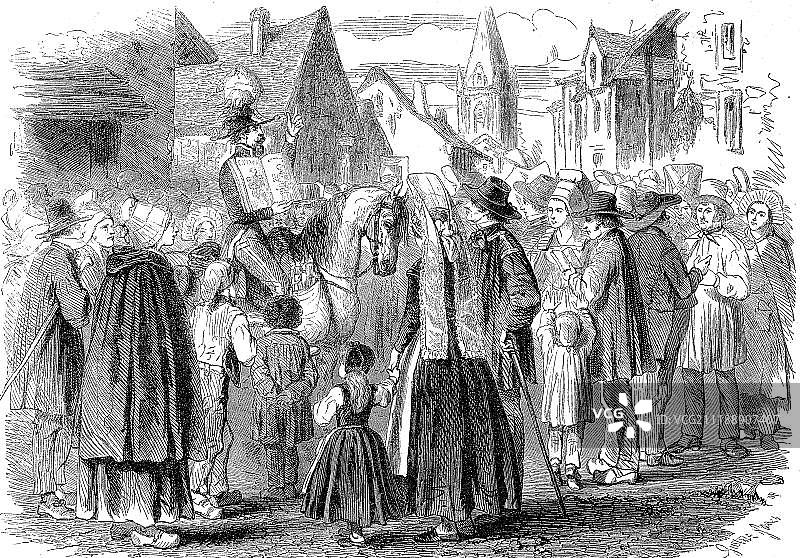 法国乡村士兵宣布克里米亚战争消息（1855年，木刻版画）图片素材