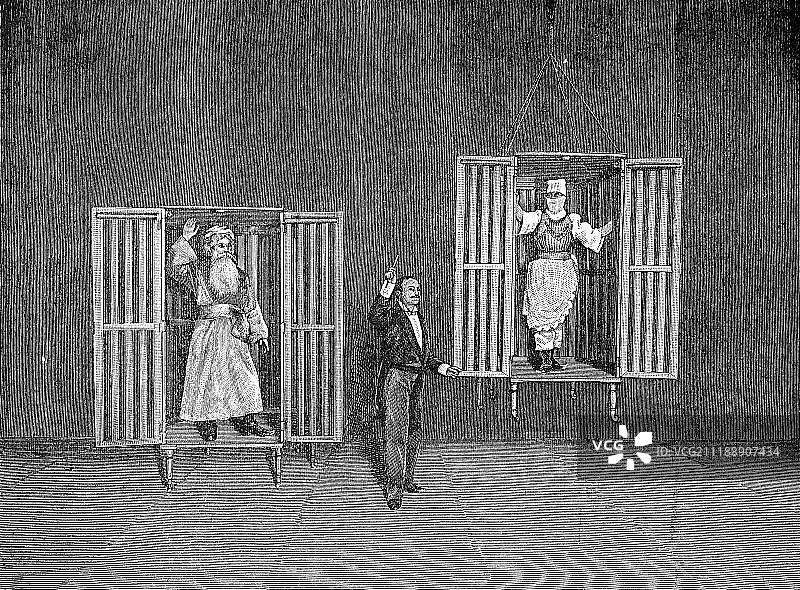 1880年英国木刻版画：笼中人显现与消失的魔术图片素材