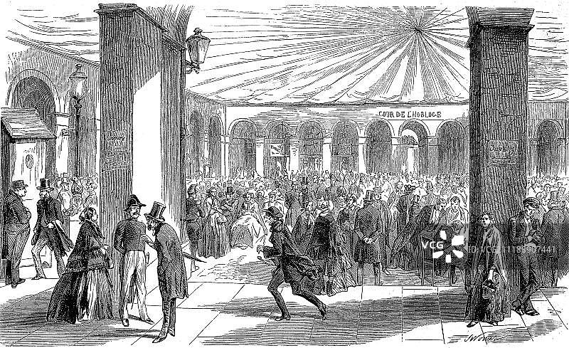 投资者签约认购克里米亚战争债券，1855年，巴黎，木刻版画，法国，欧洲图片素材