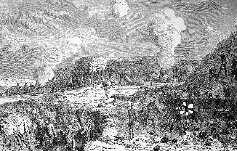 克里米亚战争期间对塞瓦斯托波尔的炮击，英国的迫击炮阵地，俄罗斯，欧洲图片素材