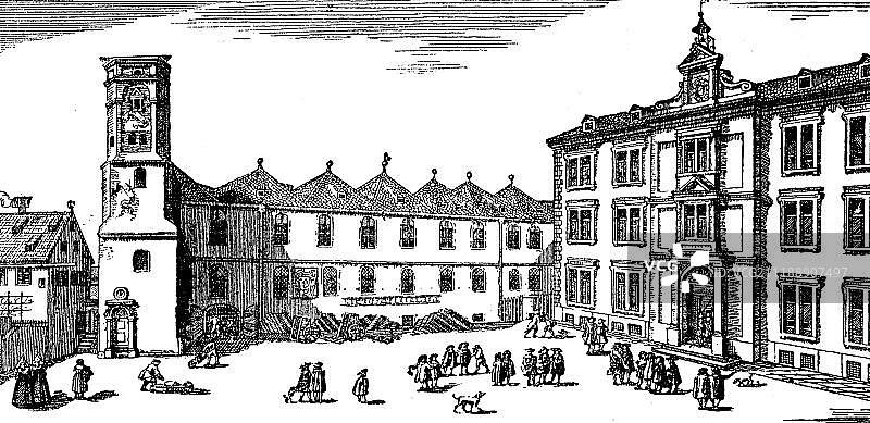 奥格斯堡圣安娜体育馆的校园，1731年，木刻，德国，欧洲图片素材