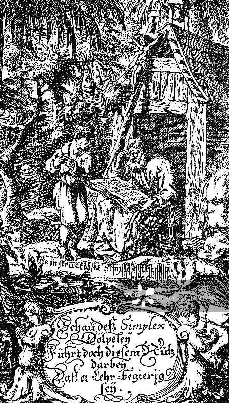 《痴儿西木传》教学，下巴洛克风格小说，汉斯·雅各布·克里斯托弗·冯·格林梅尔斯豪森于1668年创作，木刻，德国，欧洲图片素材