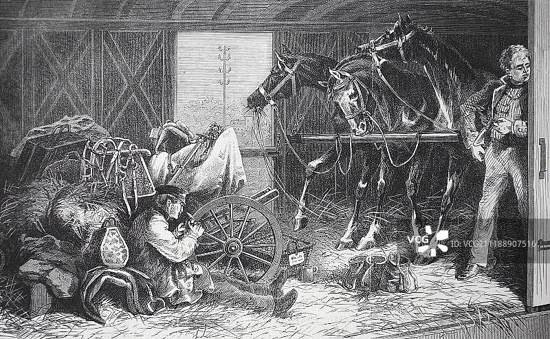 铁路运输骑兵：军官马厩，普法战争（1870/1871），法国，欧洲，木刻图片素材