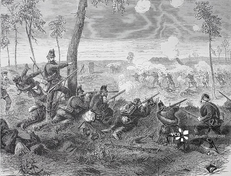 1870年9月30日巴黎附近Chevilly和Villejuif社区之间的战斗，普鲁士第6猎兵营第2连的散兵线，1870/1871年德法战争，法国，欧洲图片素材