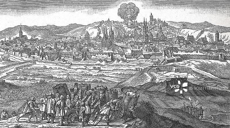 三十年战争：卡尔·古斯塔夫·冯·普法尔茨-茨魏布吕肯炮轰布拉格，前景场景，卡尔·古斯塔夫收到威斯特伐利亚和约缔结的消息，1648年，木刻，捷克共和国，欧洲图片素材