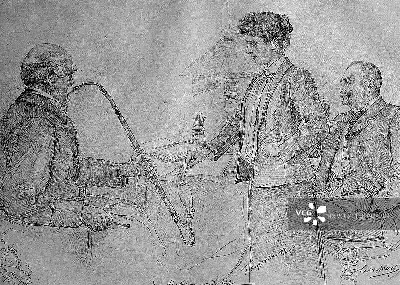 俾斯麦公爵弗里德里希吸烟斗，约1893年历史插图图片素材