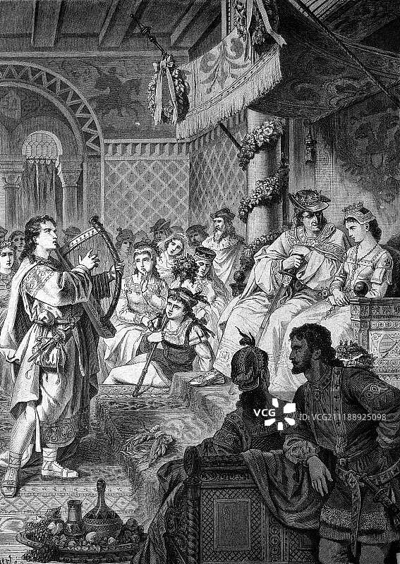 海因里希·弗劳恩洛布在格梅尔斯海姆宫为鲁道夫和勃艮第的艾格尼丝唱歌图片素材