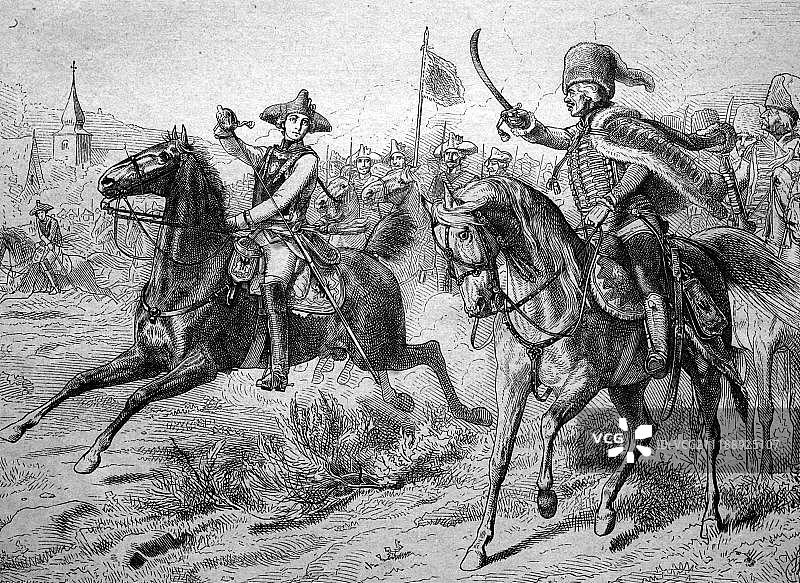 弗里德里希·威廉·冯·赛德利茨（1721-1773）和汉斯·约阿希姆·冯·齐滕（1699-1786）战斗场景，约1886年历史插图图片素材