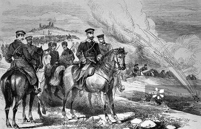 1885年，保加利亚斯利夫尼察战役中的保加利亚亚历山大王子（约1886年历史插图）图片素材