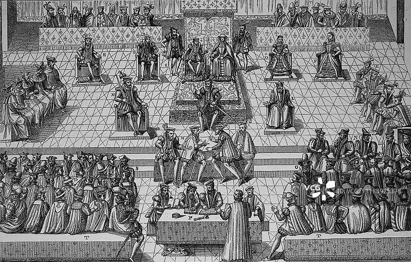 贵族大会，《戒律书》，法国巴黎，1561年1月，1880年木刻图片素材