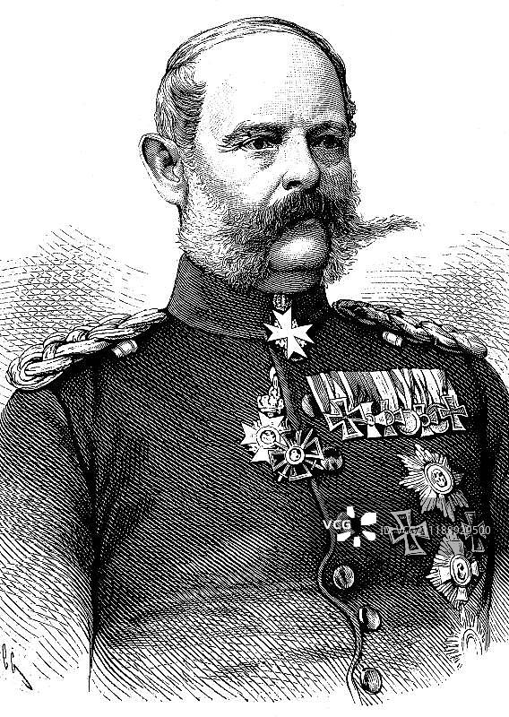 亚历山大·奥古斯特·威廉·冯·帕佩，1813-1895年，普鲁士军官，最终晋升为陆军元帅，木刻，历史雕刻，1880年图片素材