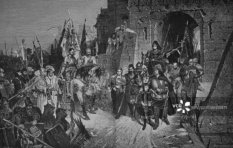 艾格尼丝·冯·泽西玛-罗森伯格将她父亲的城堡交给胡斯派指挥官普罗科普大帝，木刻，历史雕刻，1882年图片素材