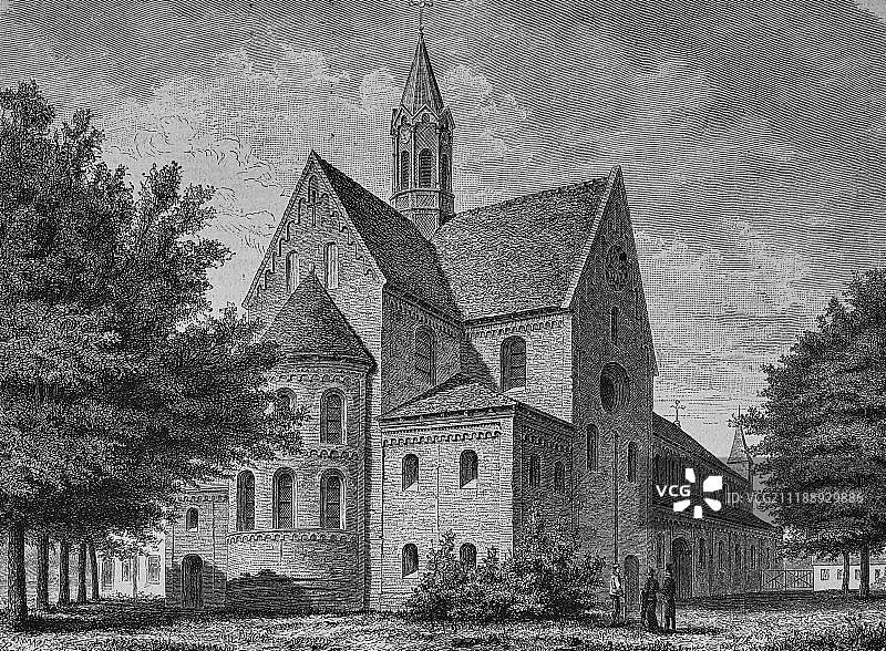 莱宁修道院：勃兰登堡的前西多会修道院（德国，1882年历史版画，木刻）图片素材