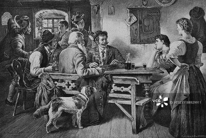 富农客厅中的求爱场景，木刻版画，1899年图片素材