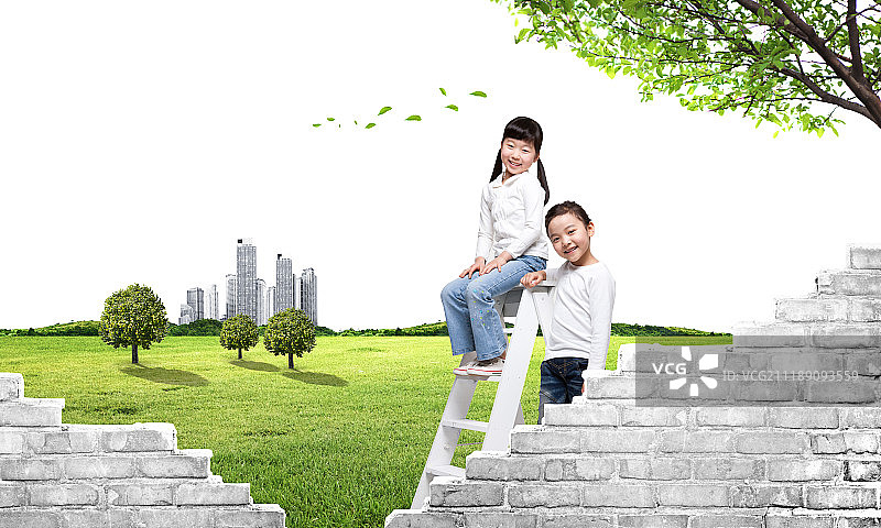 砖墙外的儿童图片素材