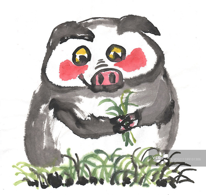 中国水墨画猪年插画-捧着草的猪图片素材