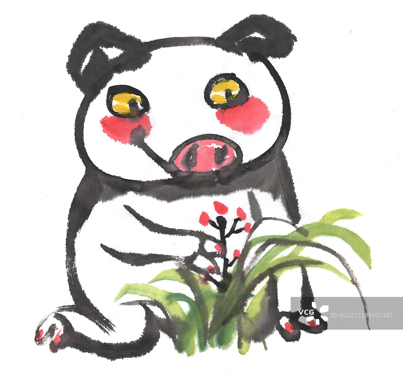 中国水墨画猪年插画-跪着地上的猪图片素材