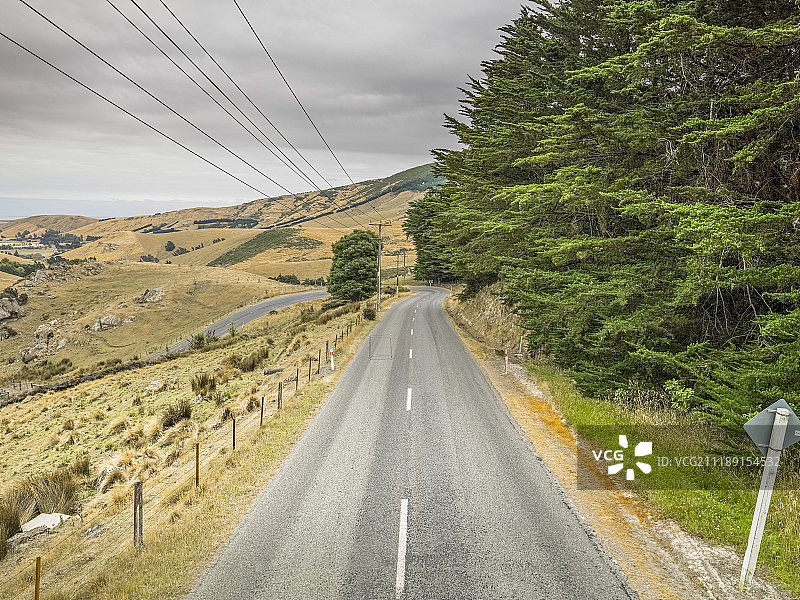 后方背景：新西兰丘陵环境中的乡村小路图片素材